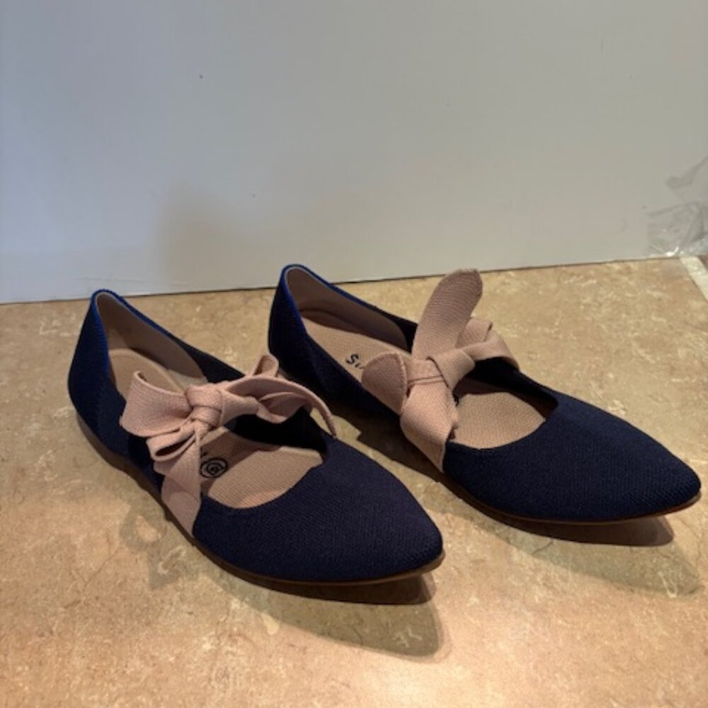 Rothy's sapphire Mary Jane flats with adjustable bow